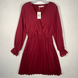NWT‎ BBX Lephsnt Wrap Pleated Long Sleeve Dress Size Medium Burgundy Wine
